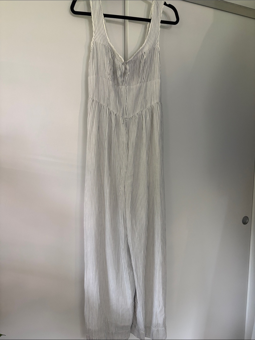 NWT American Eagle Medium 100% Cotton Corset Jumpsuit Wide Leg White Pinstripe